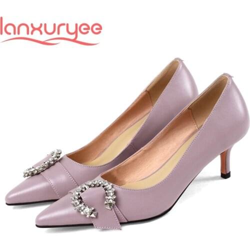 Lanxuryee genuine leather pointed toe thin high heels rhinestone decoration gorgeous beauty lady evening party women pumps L58