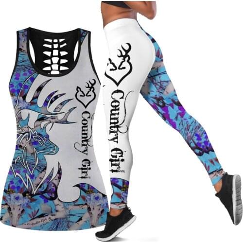 Summer Casual 2 Piece Set Women Pant Sets U-neck Sleeveless Crop Top Pant Outfits Country Cirt Letter Deer Print Fitness Suit