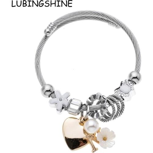LUBINGSHINE Vintage Charms Heart Flower Bracelets For Women New Crystal Stainless Steel Cable Bracelets & Bangles Pulseras DIY