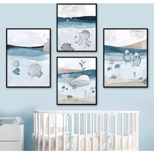 Cloud Mountain Sea Whale Tortoise Cartoon Wall Art Canvas Painting Nordic Posters And Prints Wall Pictures Baby Kids Room Decor