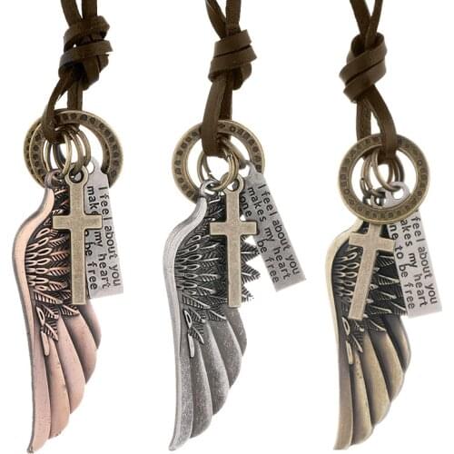Jessingshow Hot Fashion Feather Cross Men Pendant Necklace Punk Vintage Genuine Leather Chain Necklace For Men Jewelry Gift