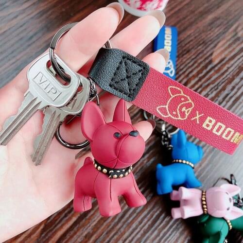Fashion Punk French Bulldog Keychain PU Leather Dog Keychains for Women Bag Pendant Jewelry Trinket Mens Car Key Ring Key Chain