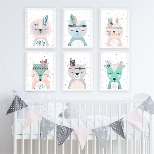 Cartoon Lion Rabbit Fox Bear Deer Nursery Wall Art Canvas Painting Nordic Posters And Prints Wall Pictures Baby Kids Room Decor