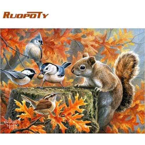 RUOPOTY Painting By Numbers For Adults 60x75cm Framed Squirrel With Birds Landscape Oil Picture Home Living Room Wall Decoration