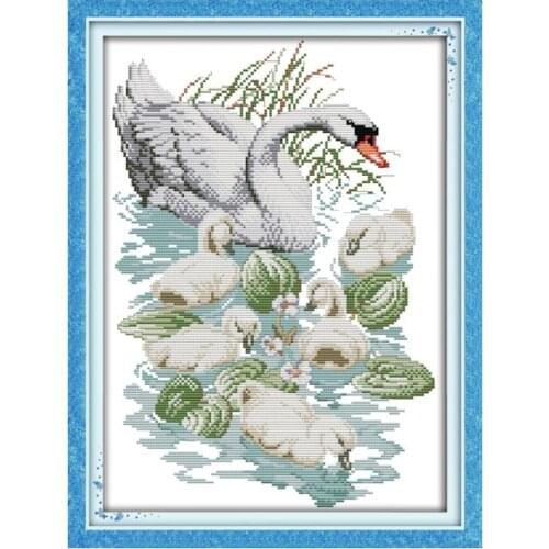 Swan mother and her son cross stitch kit 14ct 11ct pre stamped canvas cross stitching animal embroidery DIY handmade needlework