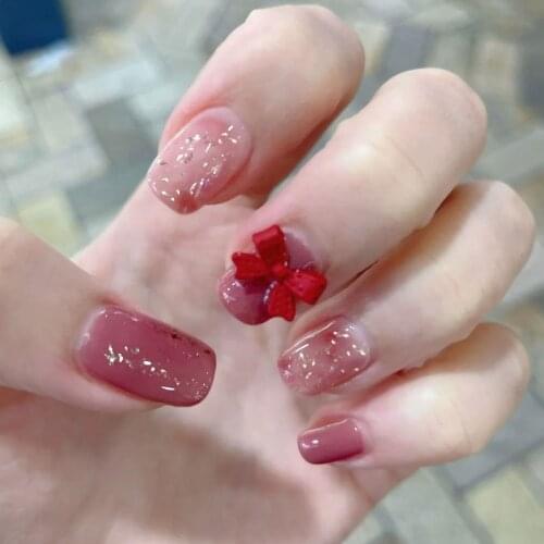 Sweet Style Red Bow False Nail DIY Nail Art Finished Nail Patch Smudge Gold Foil Short Fake Nails 24pcs/box