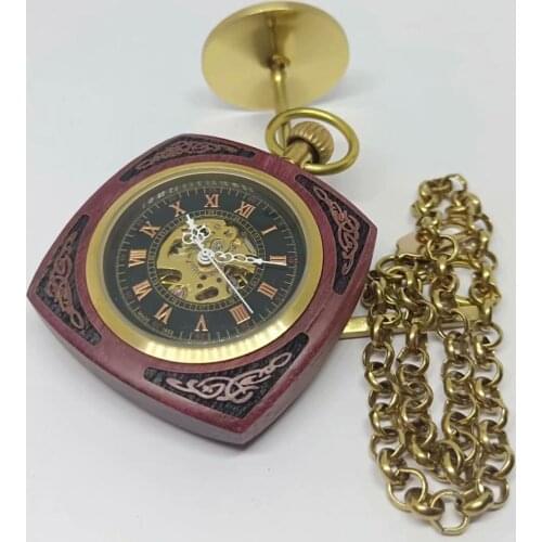 New Arrival Square Wood Case Mechanical Pocket Watch Hand Wind Black Roman Dial Pocket Watch Vintage Gift Watches 10pcs/lot