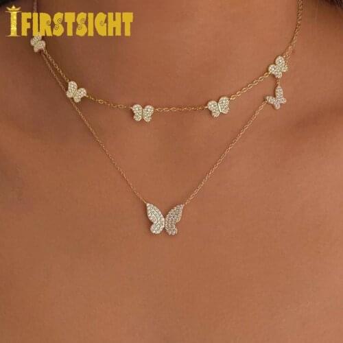 2 PCS tiny cute Butterfly charm necklace Gold CZ Fashion Women Collar chain lovely animal design necklaces