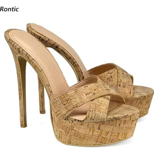Rontic Handmade Women Platform Mules Sandals Cork Pattern Stiletto Heels Open Toe Pretty Brown Party Casual Shoes US Size 5-20