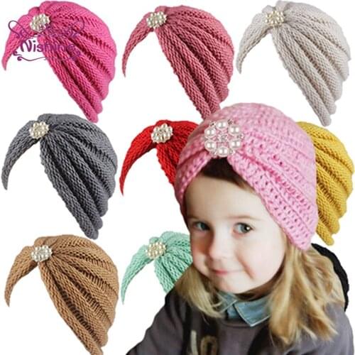 16*14 CM Solid Color Knitted Striped Wool Caps Shining Pearls Rhinestone Infant Indian Hats Autumn and Winter Warm Baby Headwear