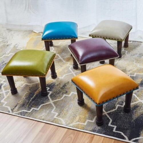 American leather stool solid wood short stool Nordic small bench home change shoes stool leather living room soft seat