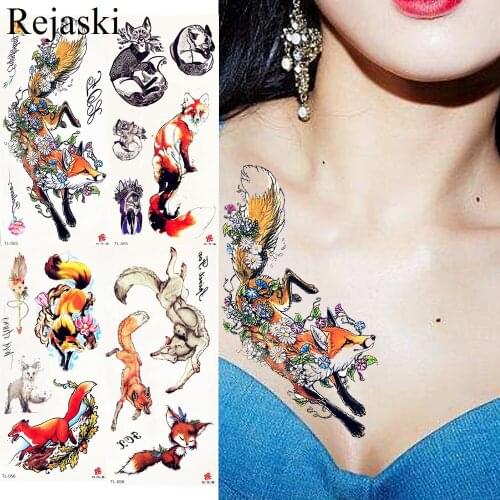 Summer Style Watercolor Fox Flower Tattoo Stickers Girls Chest Body Arm Art Temporary Tattoo Women Neck Back Flash Tatto Animals
