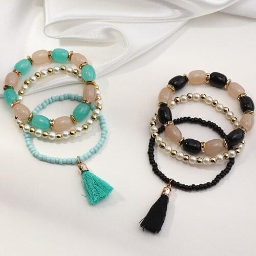 Vintage Bohemia Blue Black Opal Beaded Bracelets & Bangles for Women Ethnic Boho Stone Charms Tassel Pendant Pulsera Men Jewelry