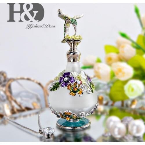 H&D 25ml Vintage Glass Refillable Perfume Bottle w/Hummingbird Figurine Decorative Fancy Retro Empty Frosted Makeup Bottle Decor