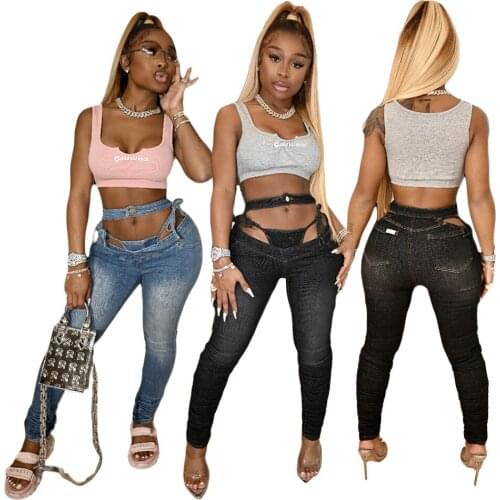 Sexy Jeans Women Bandage Hollow Out Lace Up Low Waist Bodycon Pants Summer Fashion Skinny Denim Jeans With Panties