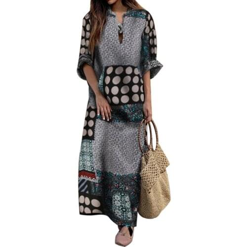 Women Dresses Vintage Long Sleeve V Neck Patchwork Ethnic Floral Print Loose Maxi Dress Womens Clothing 2021