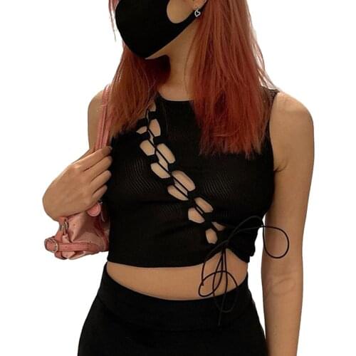 Women Black Sleeveless Crop Top Sexy Clubwear Adjustable Lace Up Hollow Out Tank Tops Tees Camisoler Summer Round Collar Vest