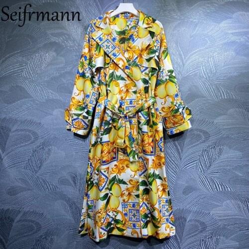 Seifrmann New 2021 Summer Women Fashion Runway Trench Coats Long Sleeve Bow Sashes Floral Print Double Breasted Coats Overcoat