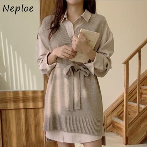 Neploe Work Style Ol 2 Pcs Women Set Turn Down Collar Long Sleeve Button Shirt + O Neck Sleeveless Knit Sashes Vest Suit Loose