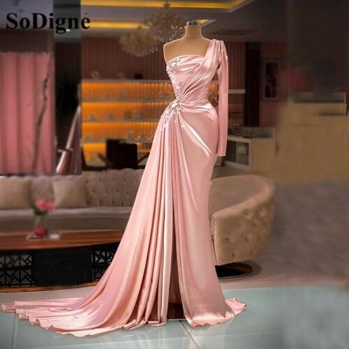 SoDigne Pink Satin Mermaid Evening Dress Formal Party Gowns One Shoulder Rhine Beads Split Women 2021 Prom Dress