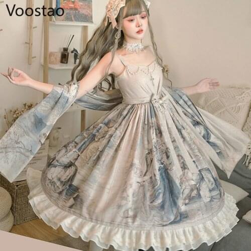 Sweet Lolita Jsk Dress Women Victorian Vintage Palace Gorgeous Dream Dress Girls Chic Cute Bow Sleeveless Shawl Party Dresses