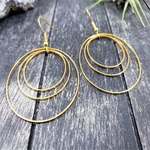 Gold Triple Hoop Earrings, Brass Hoop Earrings, Brass Concentric Circle Earrings, Lightweight Gold Statement Hoop Earrings