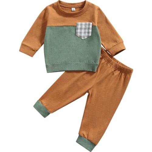 2 Pcs Infant Casual Outfits Baby Boys Color Block Long Sleeve Round Neck Sweatshirt + Pants Toddler Clothing Tracksuits