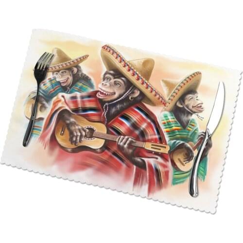 6 PCS Placemat Table Mat Funny Monkeys In Mexican Dress Playing Guitar For Tables Heat-insulation Linen Kitchen Dining Pads