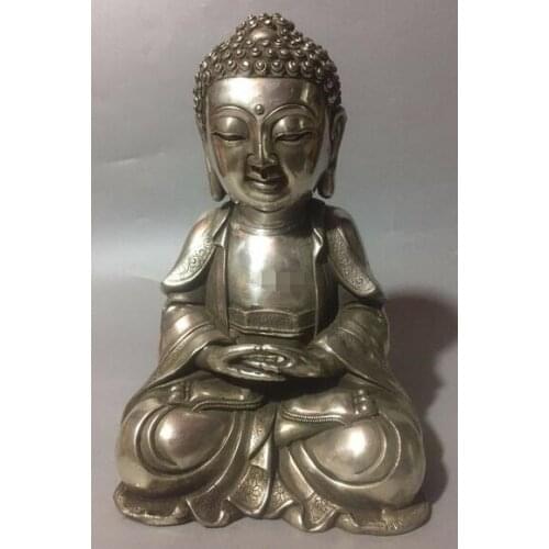 9'' tibet copper silver plating silvering carved Sakyamuni tathagata buddha