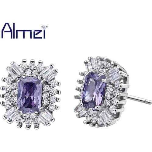 Almei Women Silver Color Stud Earrings Brincos Jewelry Earings Women Fashion Bijoux Zircon Joyeria Christmas Gifts Aretes R832