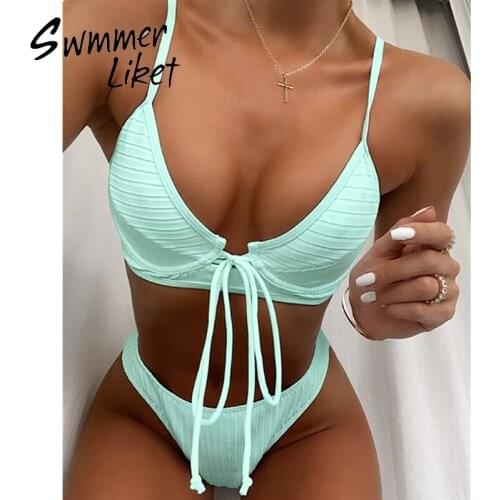 String bikini 2020 High cut swimwear female Ribbed swimsuit women Sexy bathing suit Hollow out swim suit beach wera summer new
