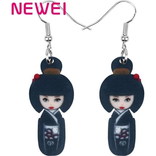 Newei Acrylic Sweet Black Japanese Doll Earrings Big Print Long Dangle Drop Jewelry For Women Girls Kids Classic Gift Decoration