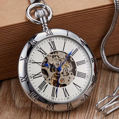 Luxury Silver Mechanical Pocket Watch Hand Winding Copper Watches Roman Numerals Fob Chain Pendants Men Women reloj de bolsillo