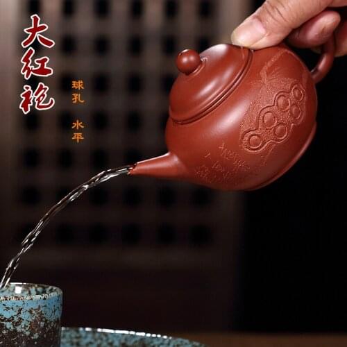 Dahongpao ball hole handpainted lotus pot teapot Yixing ore genuine pure hand made tea set