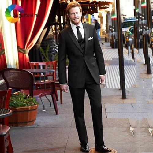 Black Men Wedding Suits Slim Fit Groom Tuxedos Peaked Lapel 3 Piece Jakcet Pants Vest Custom Made Best Man Blazers