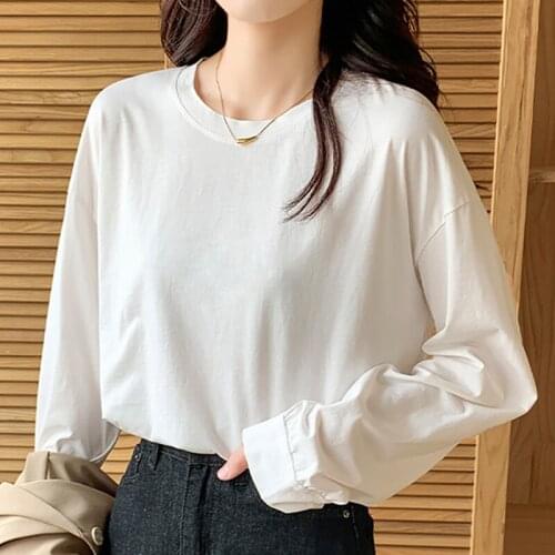 Cotton Oversized T Shirt Women Fall Clothes Korean Fashion Tshirt Long Sleeve Top Casual O-Neck Tee Shirt Female Camisetas Mujer