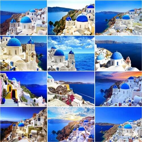 HUACAN 5D DIY Diamond Painting Cross Stitch Town Diamond Embroidery Seaside Full Square Round Mosaic Rhinestone House Decoration