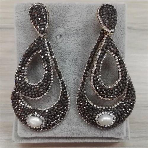 Water Drop Golden Copper Alloy Base Pendant Pave Black Rhinestone Freshwater Pearl Charms Women Dangle Earrings Daily Jewelry