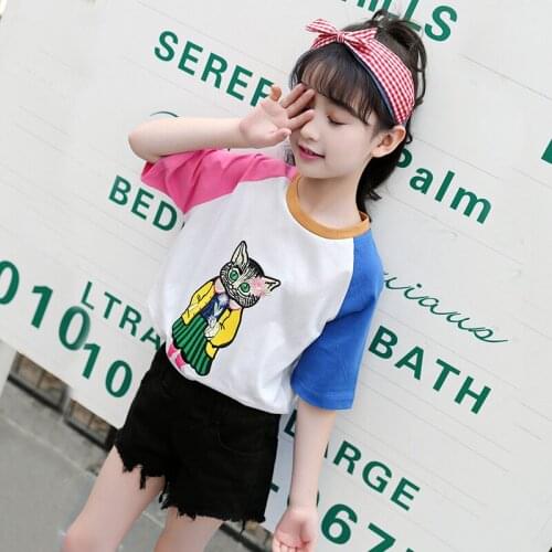 Summer Girls' Short Sleeve T - Shirt Korean Childrens Cotton Coat Cat Embroidered Flower Childrens Short Sleeve T - Shirt