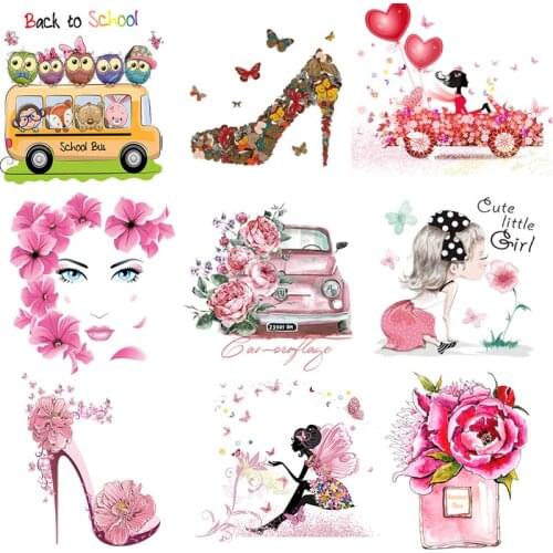 Fashion Flower High Heels Transfer For Clothing Iron On Girls Car Heat vinyl Transfers For Clothes Applique Stickers For T-shirt