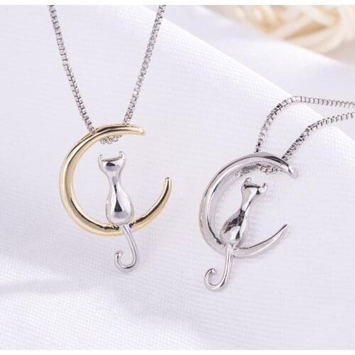 Fashion Cute Animal Cat Moon Pendant Necklace Charm Gold Silver Color Box Chain Necklace Kitten Pet Lucky Jewelry For Women Gift