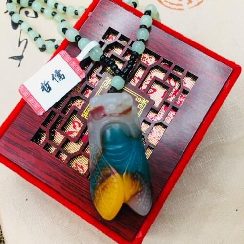 Zheru natural colorful jade carving multicolor jade cicada pendant with green bead necklace sweater chain