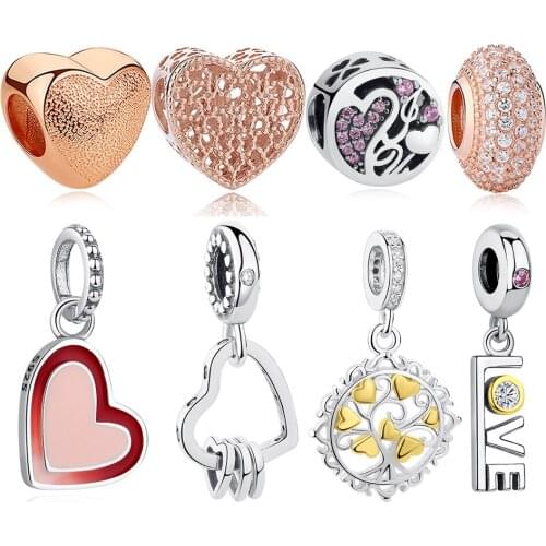 New 925 Sterling Silver Bead Charm Love Heart Pendant Charm Fit Original Bracelet Family Tree Rose Gold Bead DIY Jewelry