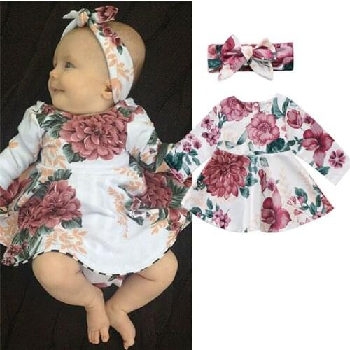 2019 Newborn Infant Baby Girls Dress Floral Kids Long Sleeve Dress +Headband 2pcs Outfits Set Clothes For 0-24 Month