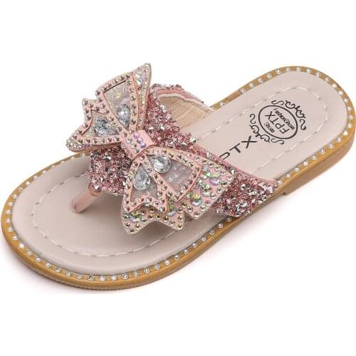 Girls Beach Slippers Diamond Bow Flip Flops Sandalias Senderismo 2021 Summer New Princess Shoes Flat Breathable and Soft Bottom