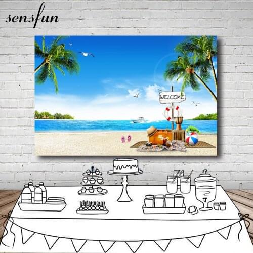 Sensfun Summer Ocean Beach Backdrop For Photo Studio Custom Coconut Tree Sky Blue Backgrounds Photo Both 7x5FT Vinyl