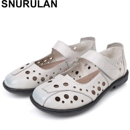 SNURULAN Breathable Hollow Summer Woman Flats Genuine Leather Women Beach Shoes Cutouts Women Flats New Casual Women Loafers