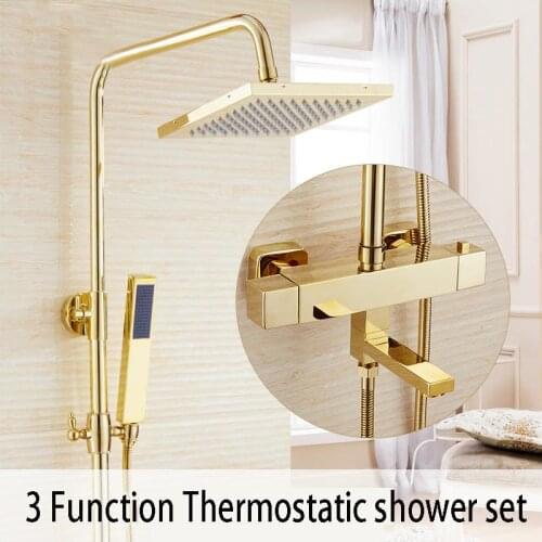 Gold Thermostatic Shower Faucet Bathroom Shower Set Rainfall Shower head With Mixer Tap Wall Mounted Bath & Shower taps