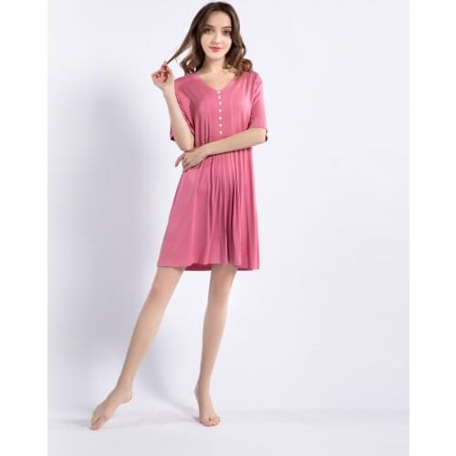 Women Nightgown Sexy V-Neck Modal Nightdress Buttoned Short Sleeve Mid-Length Dress Sleepshirt Summer Loungewear Home Skirts