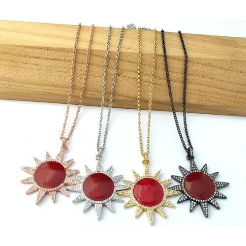 1Pcs New design Sunflower shape charm Jewelry necklace, CZ Micro Pave Red enamel pendant For Women Gift NK485
